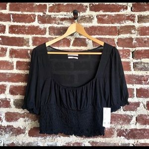 Urban Outfitters Puff Sleeve Ruched Square Neck Sheer Black Stretchy Crop Top